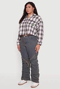 Womens Plus Size Plaid Flannel Patch Detail Cropped Shirt, Multi, Size 2X