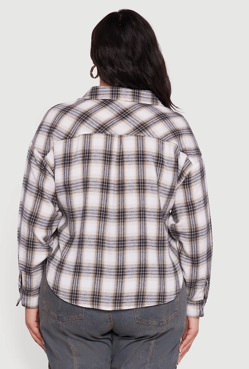 Womens Plus Size Plaid Flannel Patch Detail Cropped Shirt, Multi, Size 2X