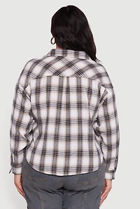 Womens Plus Size Plaid Flannel Patch Detail Cropped Shirt, Multi, Size 2X