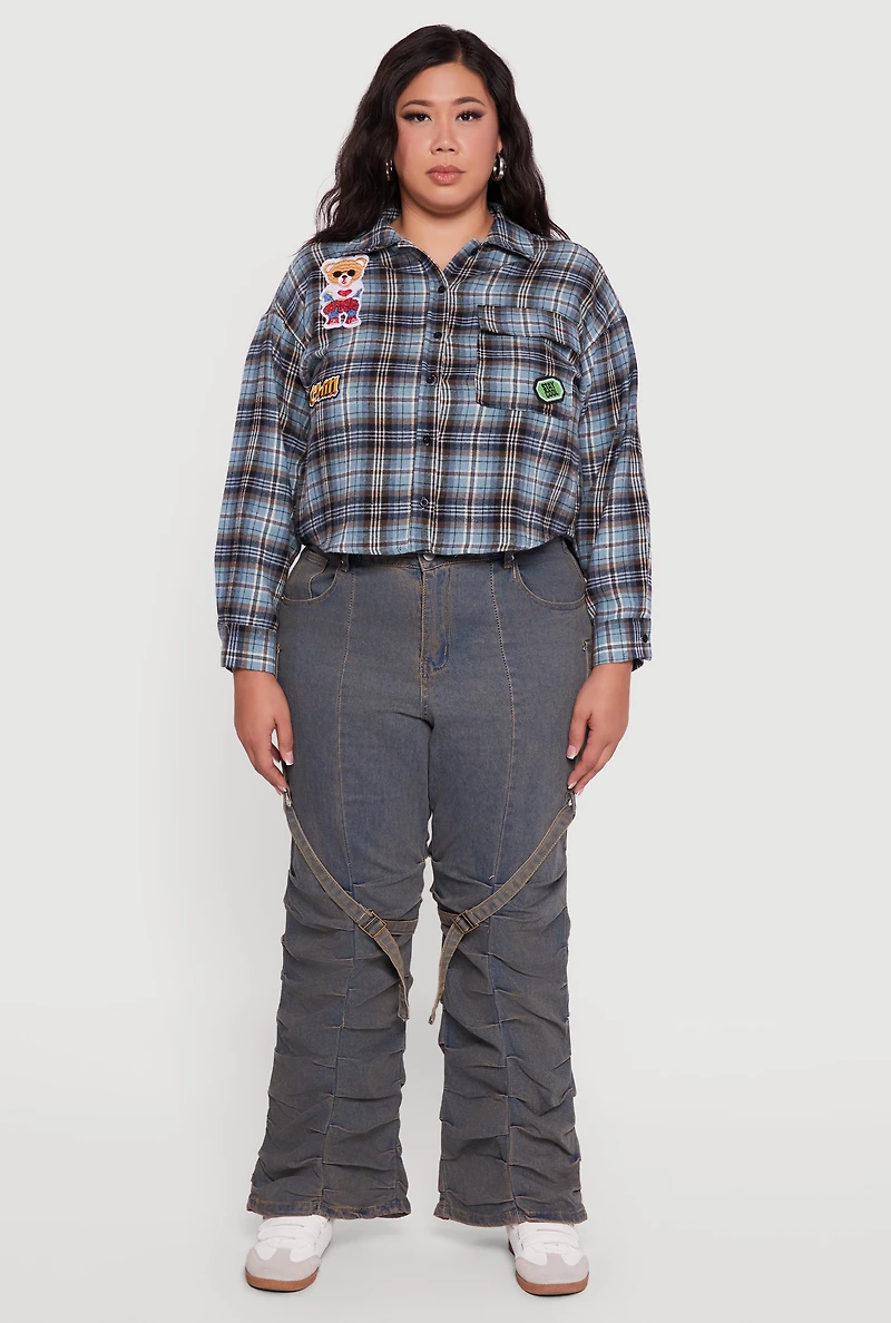 Womens Plus Size Plaid Flannel Patch Detail Cropped Shirt, Blue, Size 2X