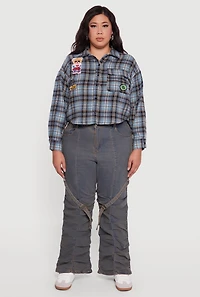 Womens Plus Size Plaid Flannel Patch Detail Cropped Shirt, Blue, Size 2X