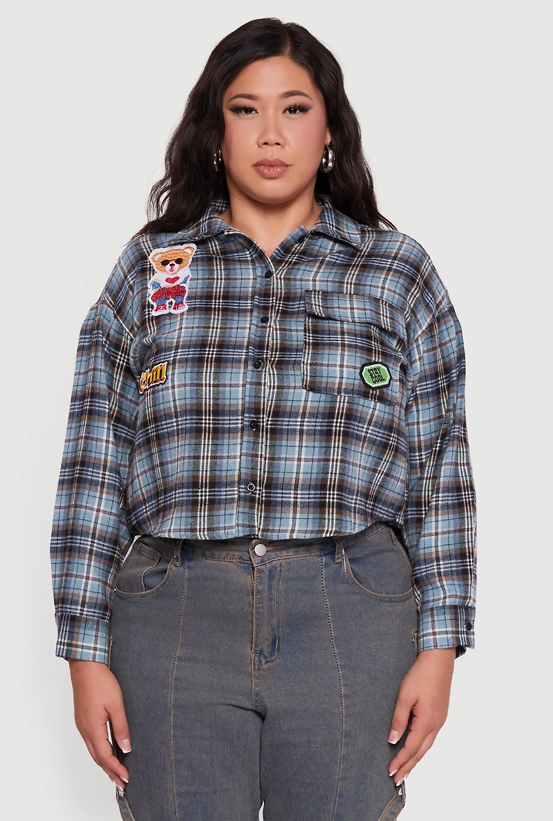 Womens Plus Size Plaid Flannel Patch Detail Cropped Shirt, Blue, Size 2X