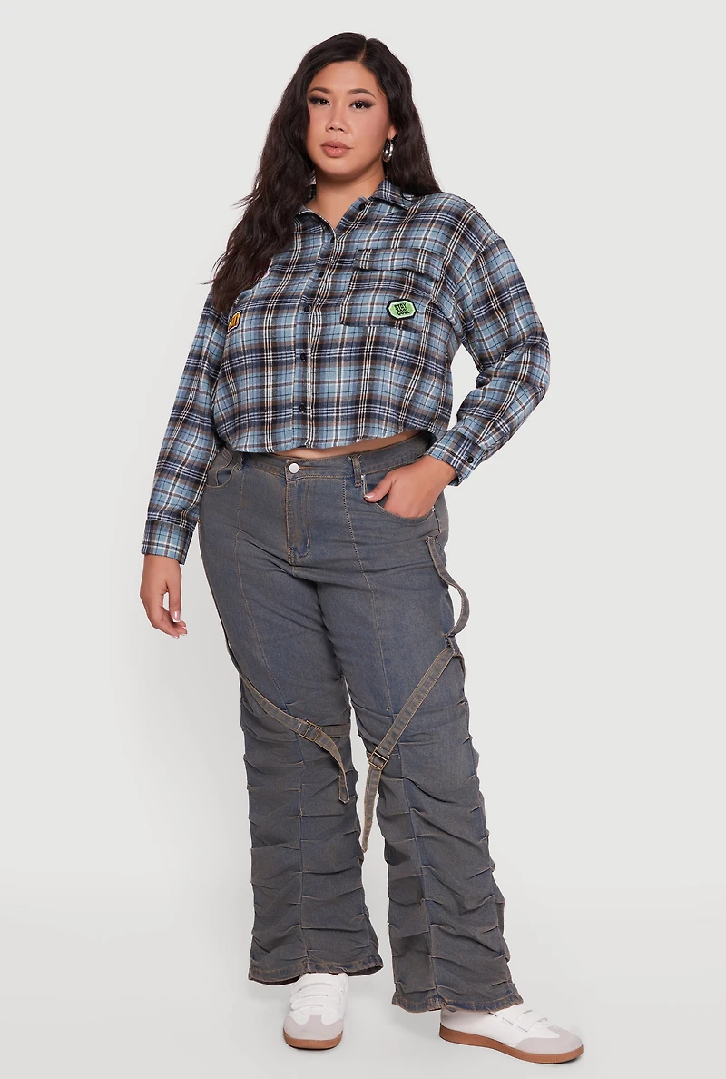 Womens Plus Size Plaid Flannel Patch Detail Cropped Shirt, Blue, Size 1X