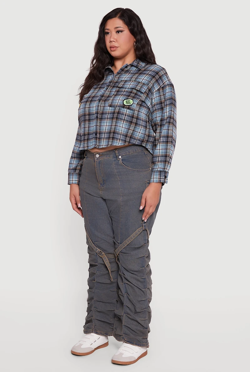 Womens Plus Size Plaid Flannel Patch Detail Cropped Shirt, Blue, Size 1X