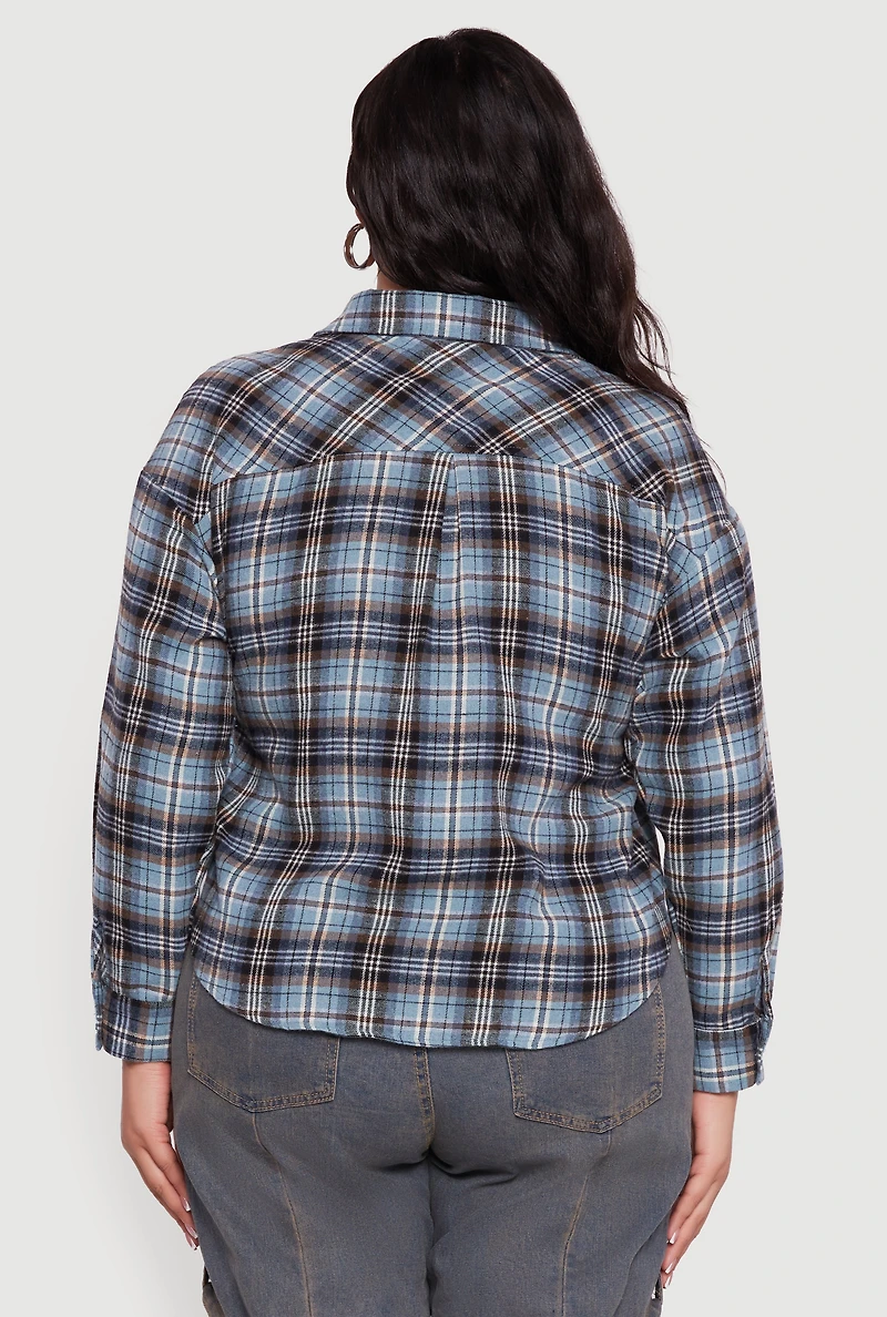 Womens Plus Size Plaid Flannel Patch Detail Cropped Shirt, Blue, Size 1X