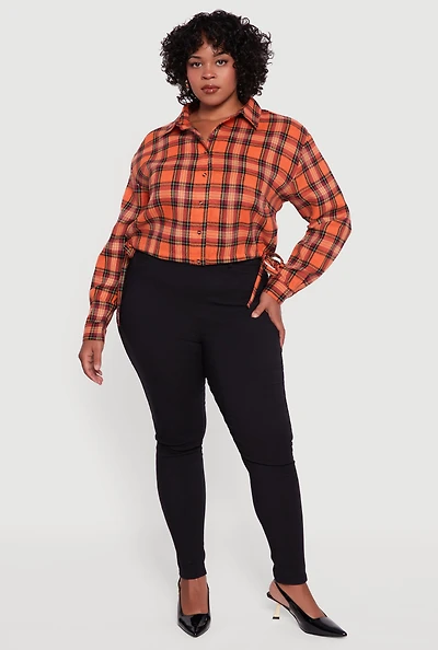 Womens Plus Plaid Cropped Drawstring Hem Button Front Shirt, Orange,