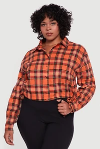 Womens Plus Plaid Drawstring Hem Button Front Shirt, Orange,