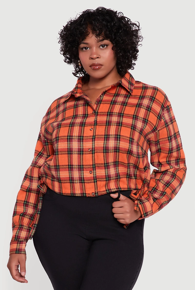 Womens Plus Size Plaid Cropped Drawstring Hem Button Front Shirt, Orange, Size 3X