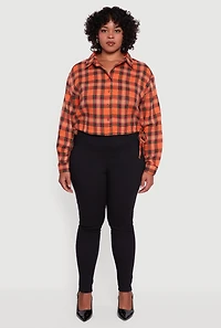 Womens Plus Plaid Cropped Drawstring Hem Button Front Shirt, Orange,