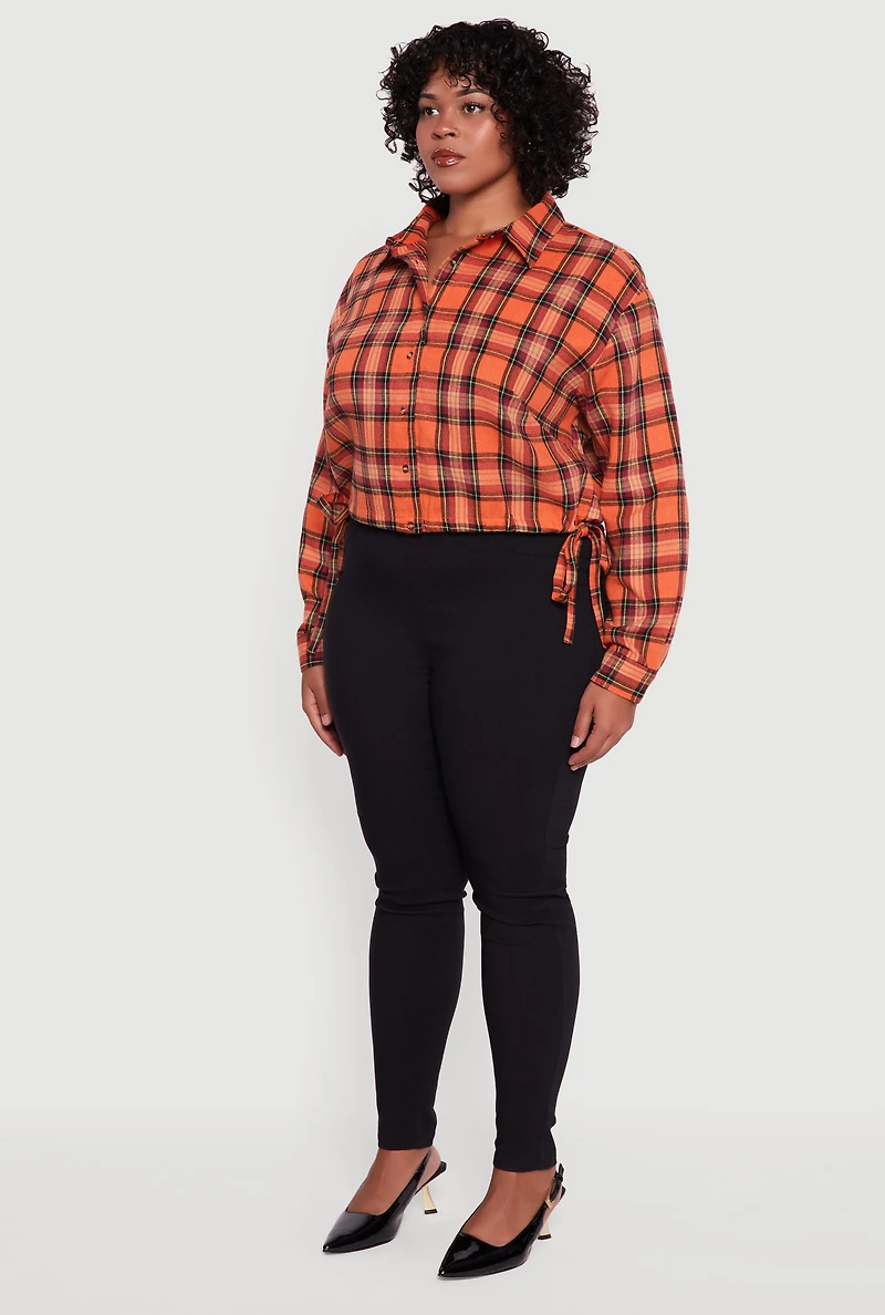 Womens Plus Plaid Cropped Drawstring Hem Button Front Shirt, Orange,