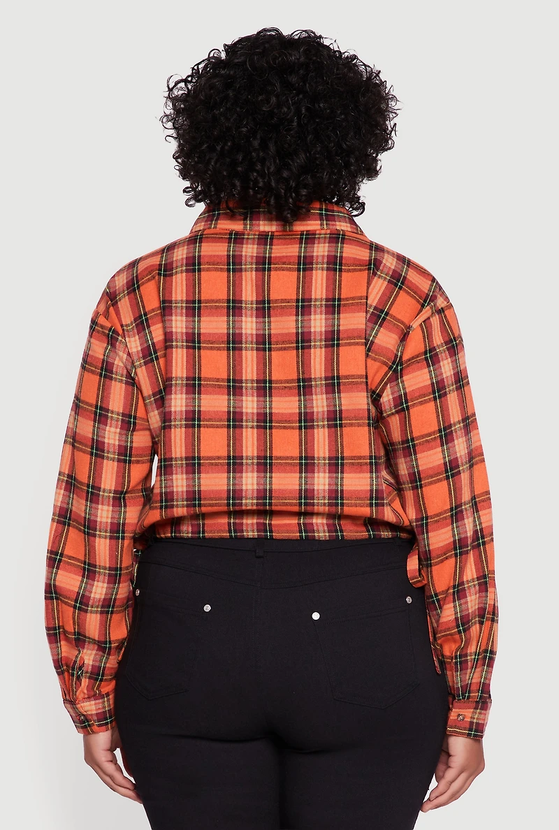 Womens Plus Plaid Drawstring Hem Button Front Shirt, Orange,