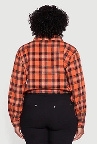 Womens Plus Plaid Drawstring Hem Button Front Shirt, Orange,