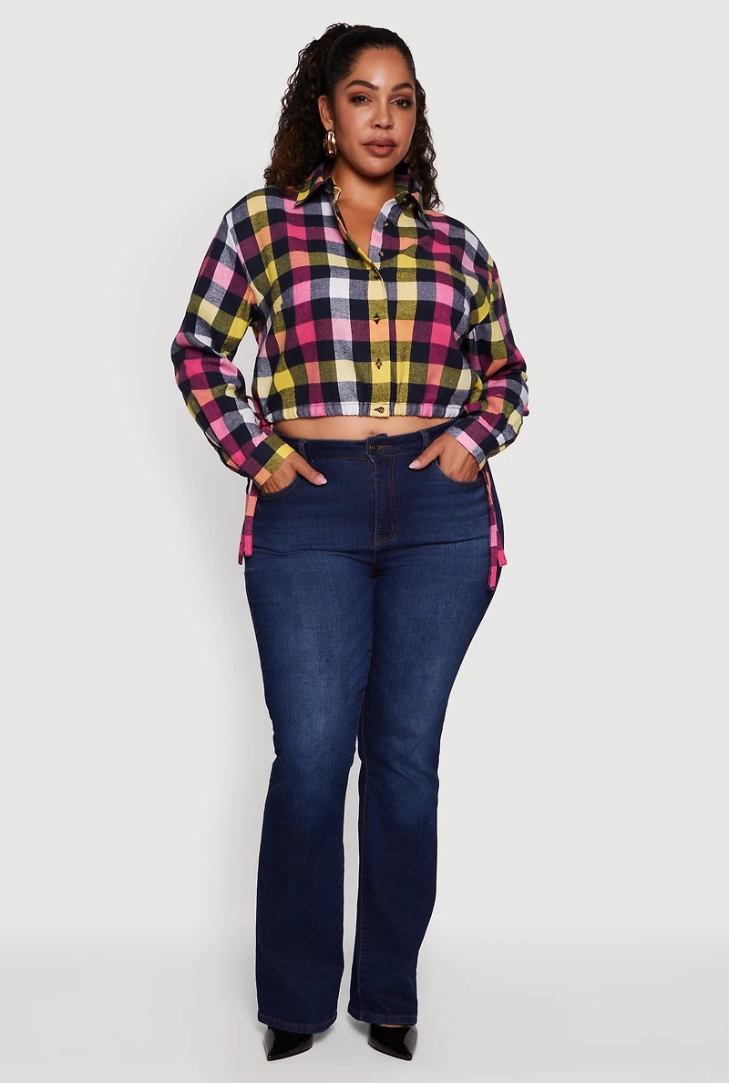 Womens Plus Plaid Cropped Drawstring Hem Button Front Shirt,