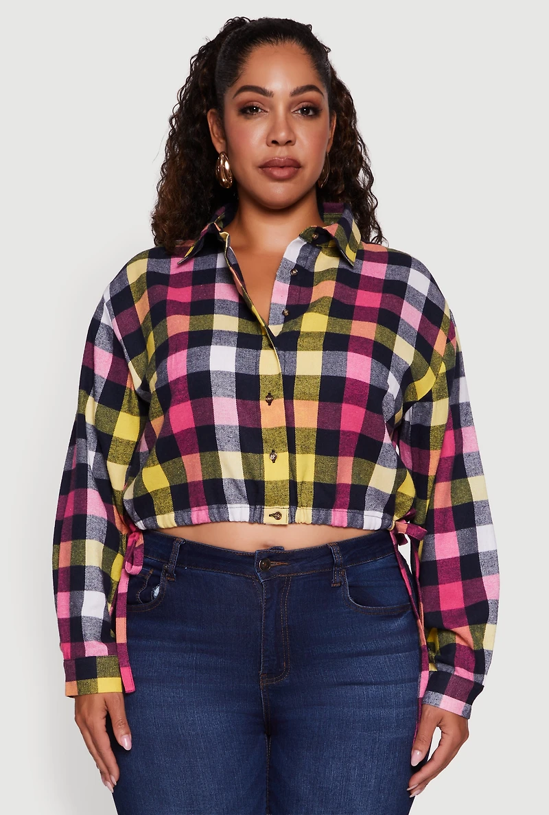 Womens Plus Plaid Cropped Drawstring Hem Button Front Shirt,