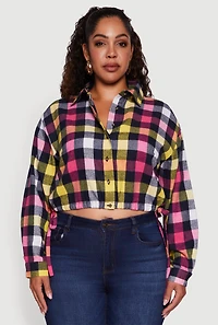 Womens Plus Plaid Cropped Drawstring Hem Button Front Shirt,