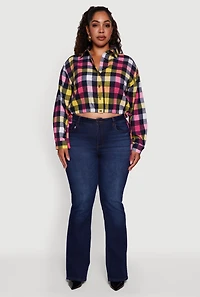 Womens Plus Plaid Cropped Drawstring Hem Button Front Shirt,