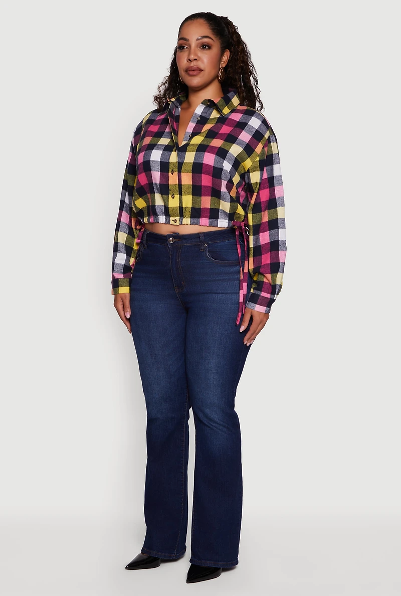 Womens Plus Plaid Cropped Drawstring Hem Button Front Shirt, 1X