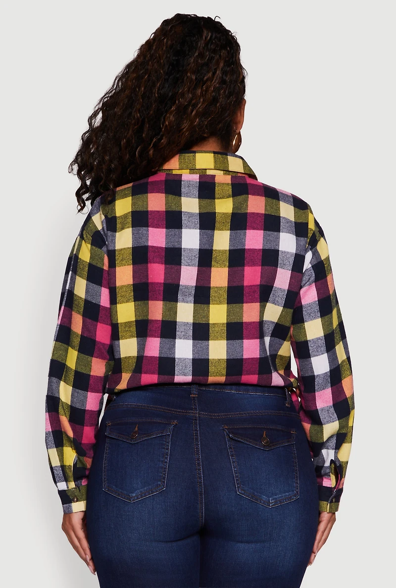 Womens Plus Plaid Cropped Drawstring Hem Button Front Shirt,