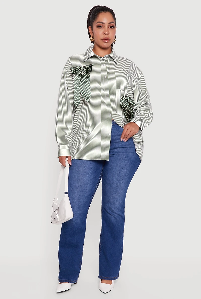 Womens Plus Striped Bow Detail Button Down Shirt, Green,