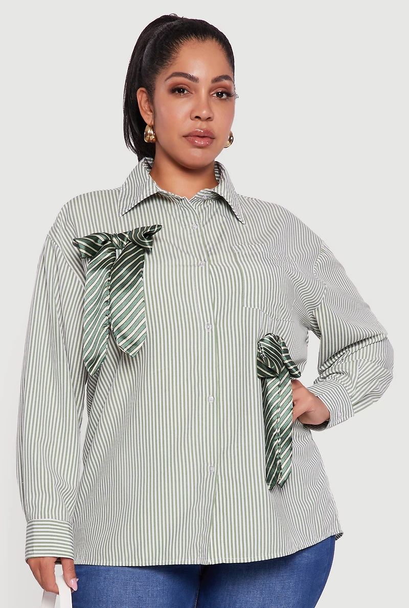 Womens Plus Striped Bow Detail Button Down Shirt, Green,