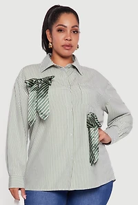 Womens Plus Striped Bow Detail Button Down Shirt, Green,