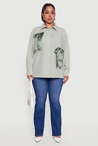 Womens Plus Striped Bow Detail Button Down Shirt, Green,