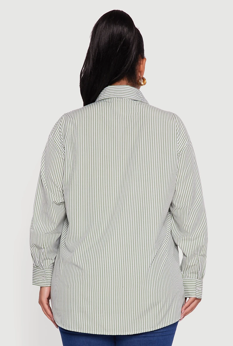 Womens Plus Striped Bow Detail Button Down Shirt, Green,