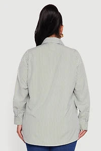Womens Plus Striped Bow Detail Button Down Shirt, Green,