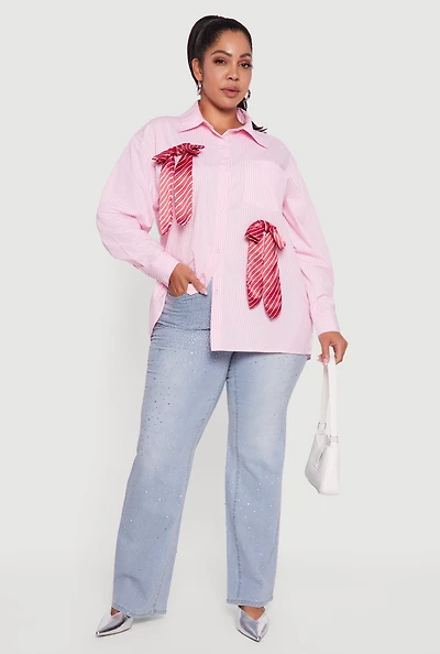Womens Plus Size Striped Bow Detail Button Down Shirt, Pink, Size 1X