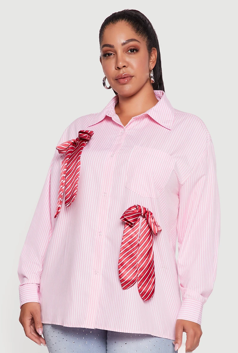 Womens Plus Size Striped Bow Detail Button Down Shirt, Pink, Size 1X