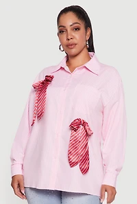 Womens Plus Size Striped Bow Detail Button Down Shirt, Pink, Size 1X