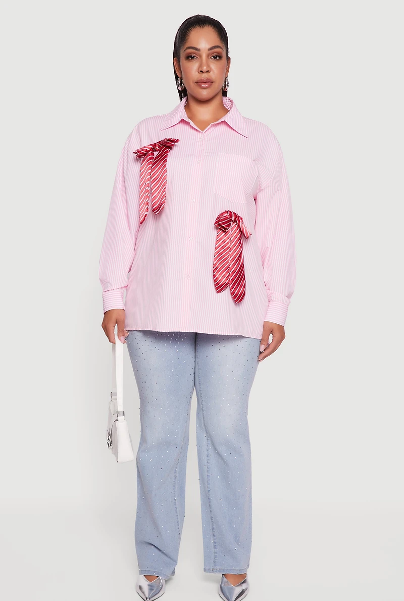 Womens Plus Size Striped Bow Detail Button Down Shirt, Pink, Size 1X