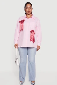 Womens Plus Size Striped Bow Detail Button Down Shirt, Pink, Size 1X