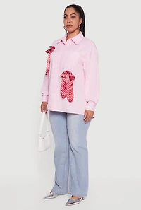Womens Plus Size Striped Bow Detail Button Down Shirt, Pink, Size 1X