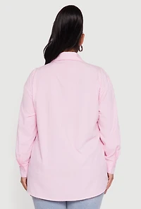 Womens Plus Size Striped Bow Detail Button Down Shirt, Pink, Size 1X
