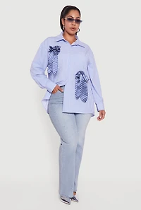 Womens Plus Striped Bow Detail Button Down Shirt,