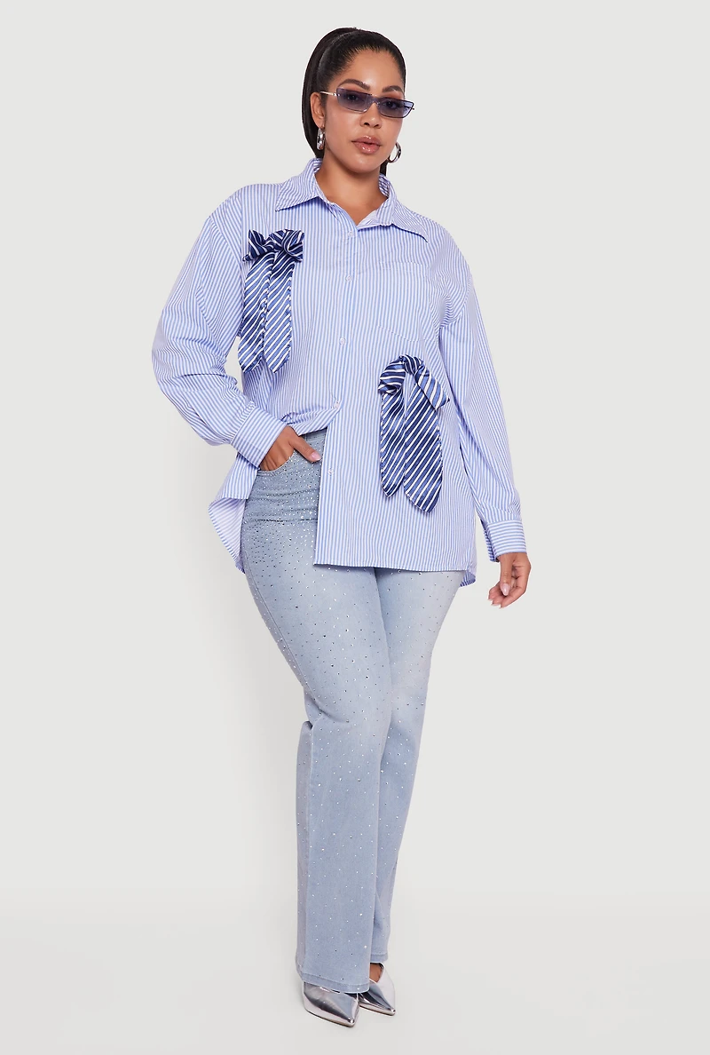 Womens Plus Size Striped Bow Detail Button Down Shirt, Blue, Size 2X