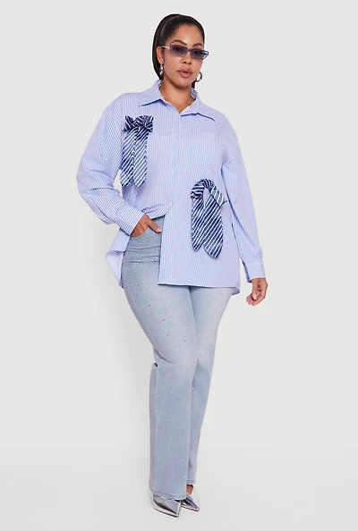 Womens Plus Size Striped Bow Detail Button Down Shirt, Blue, Size 2X
