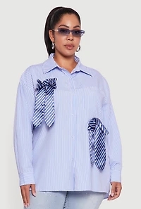 Womens Plus Striped Bow Detail Button Down Shirt,