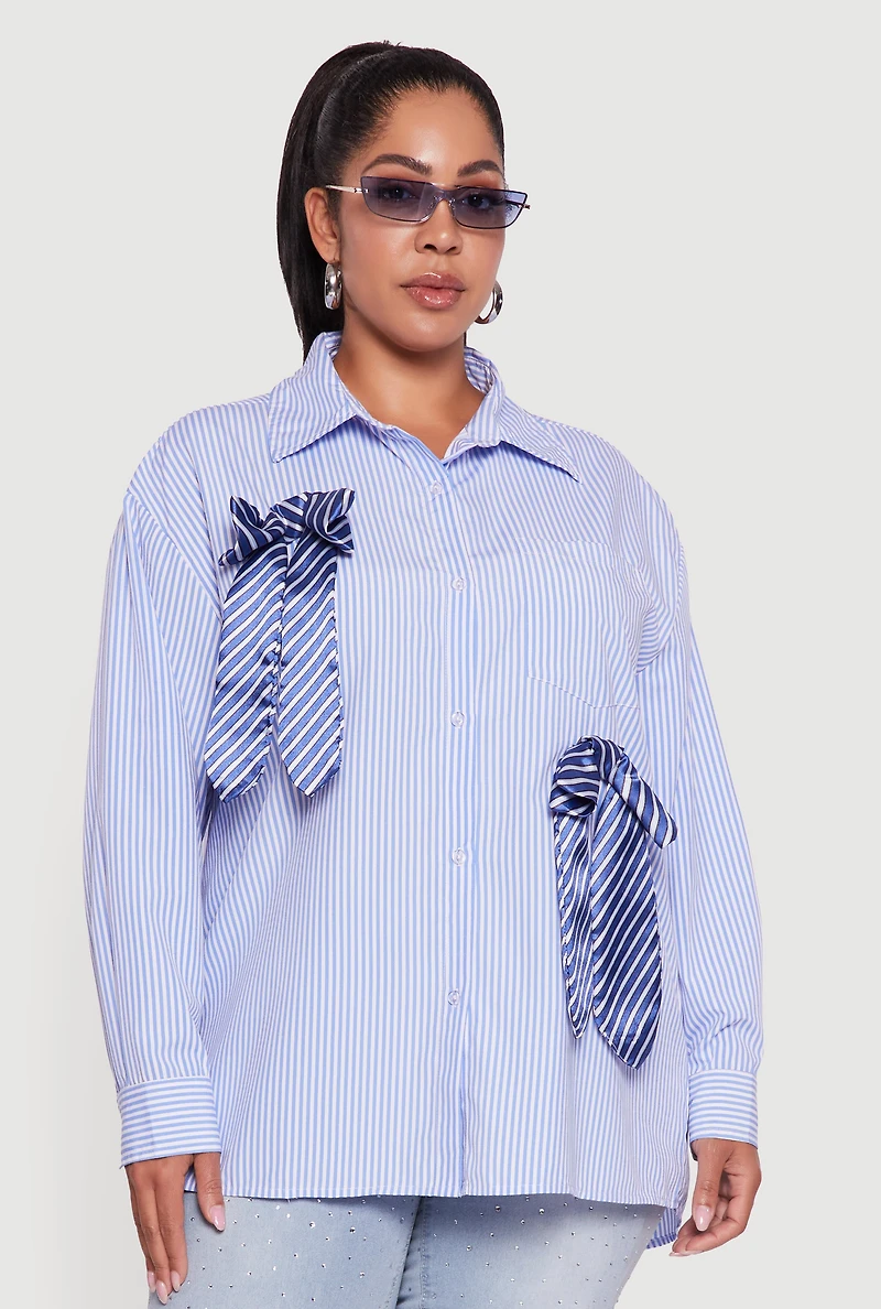 Womens Plus Size Striped Bow Detail Button Down Shirt, Blue, Size 2X