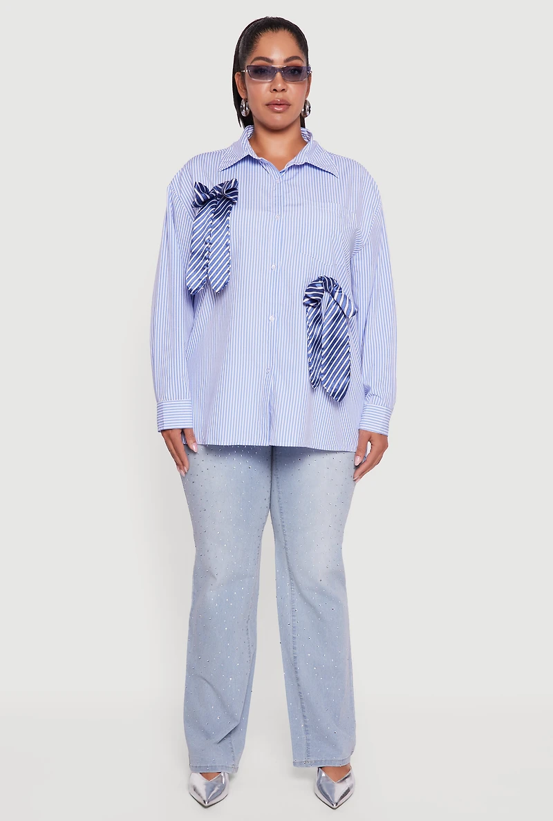 Womens Plus Striped Bow Detail Button Down Shirt,