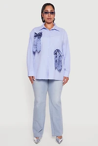 Womens Plus Striped Bow Detail Button Down Shirt,