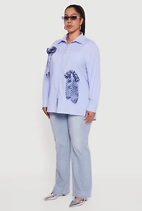Womens Plus Striped Bow Detail Button Down Shirt,