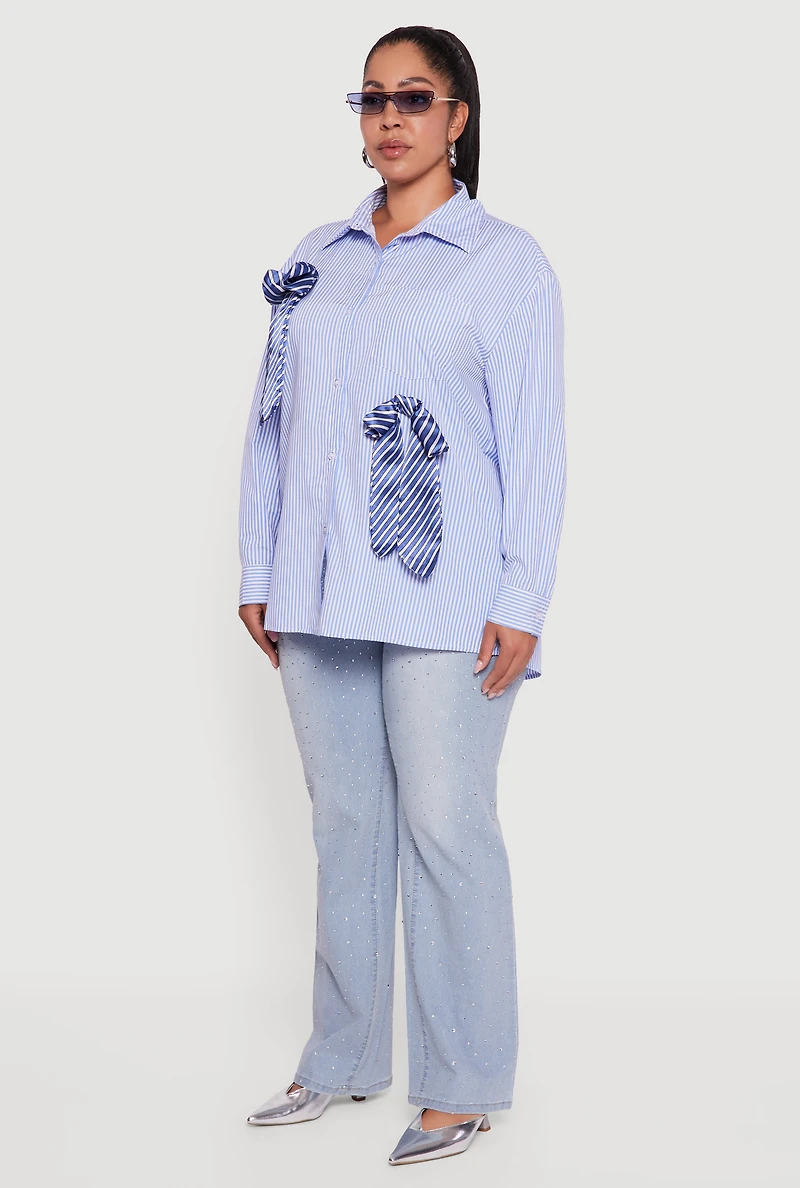 Womens Plus Size Striped Bow Detail Button Down Shirt, Blue, Size 2X
