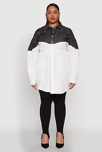 Plus Denim Detail Distressed Tunic Shirt