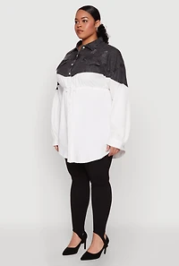 Womens Plus Size Denim Detail Distressed Tunic Shirt, White, Size 1X