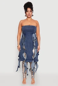 Womens Plus Size Ruffle Fringe Strapless Denim Maxi Top, Blue, Size 1X