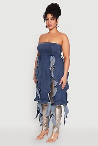 Womens Plus Size Ruffle Fringe Strapless Denim Maxi Top, Blue, Size 1X