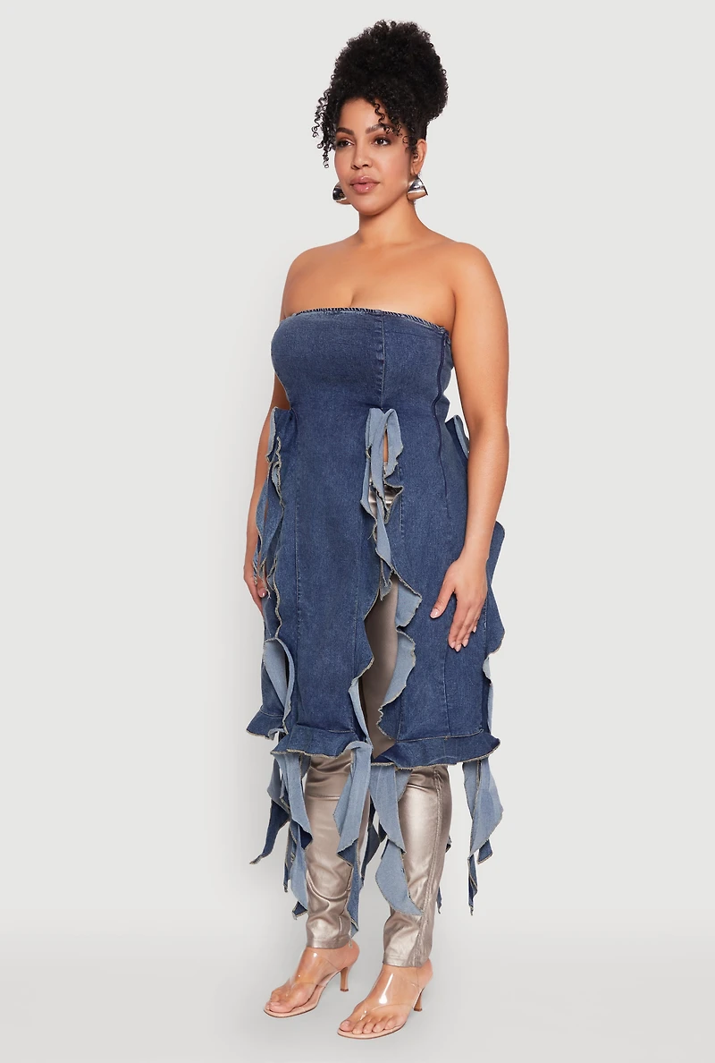 Womens Plus Size Ruffle Fringe Strapless Denim Maxi Top, Blue, Size 3X