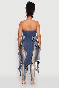 Womens Plus Size Ruffle Fringe Strapless Denim Maxi Top, Blue, Size 1X